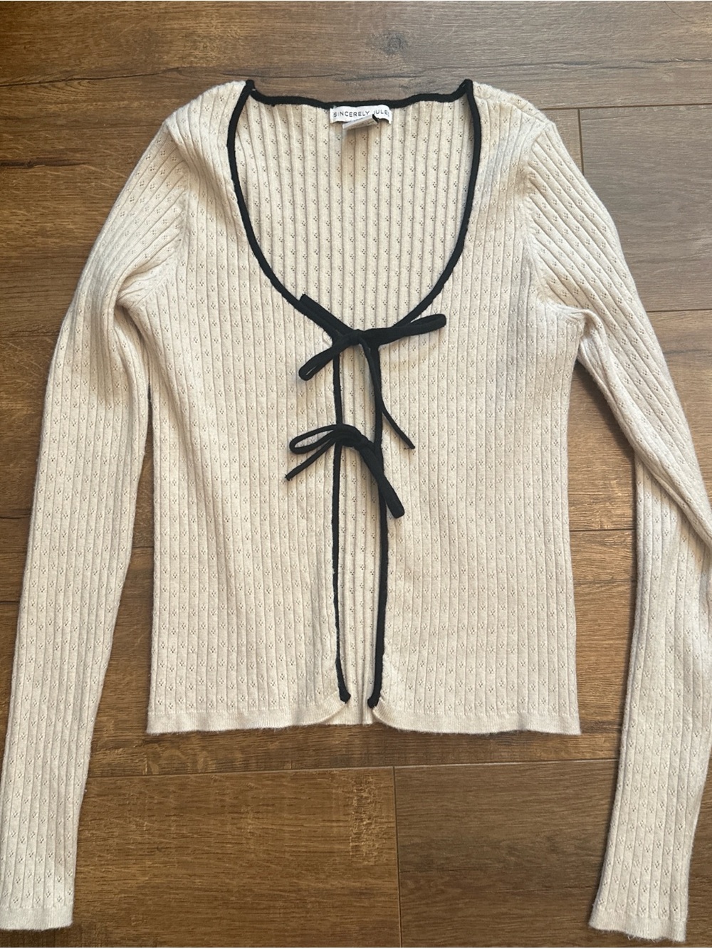 Sincerely Jules Cream Ribbed Long-Sleeve Tie-Front Top with Black Trim